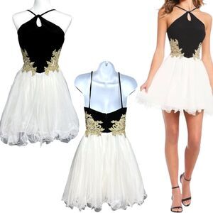 Blondie Nites Black White Gold Tulle Fit & Flare Mini Dress Size 1 Prom Party
